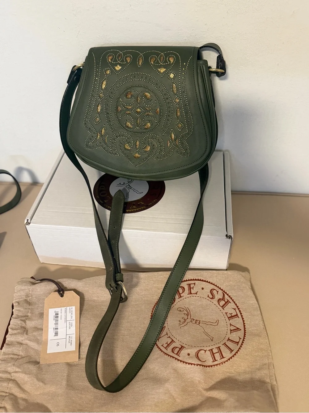Penelope Chilvers Olive Green Embroidered Leather Crossbody Saddle Bag NWT - Picture 2 of 7